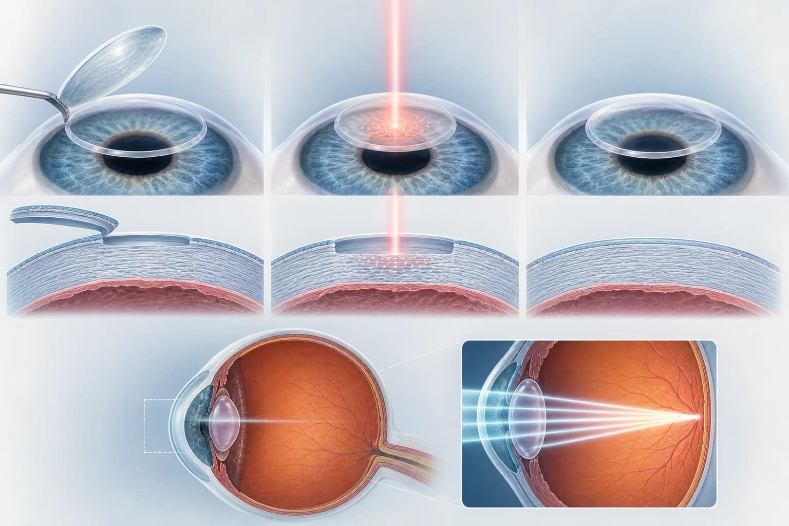 Схема LASIK: формирование flap и эксимерная абляция стромы роговицы